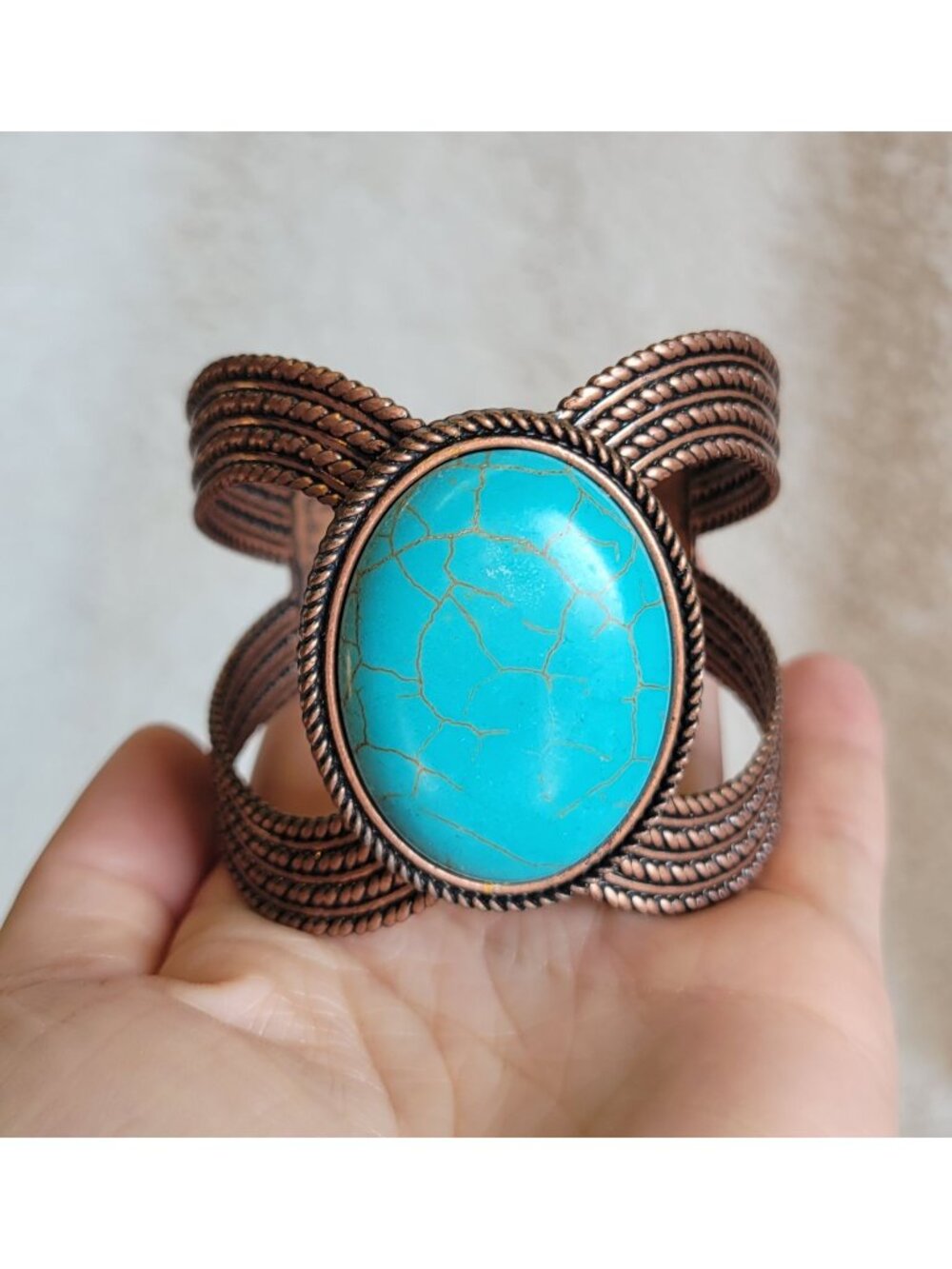 Vintage Copper Color Large Oval Faux Turquoise Cuff Statement Bracelet B1A